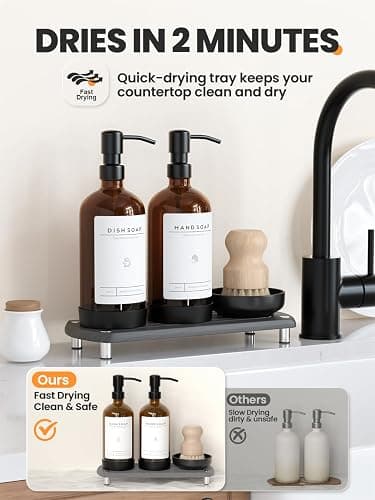 [Luxury] Kitchen Soap Dispenser Set - 16OZ Amber Glass Bottle, Stainless Steel Pump, Instant Dry Tray, Waterproof Labels, Non-Slip Silicone Pad, and Dish Brush | Upgrade for Your Kitchen and Bathroom thumbnail 2