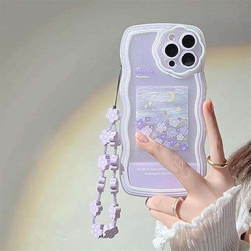 Fycyko Compatible with iPhone 14 Case with Cute Purple Flower Floral Pattern Design Aesthetic Women Teen Girls Flower Lens Protection Case for iPhone 14 +Chain-Flower - Image 1
