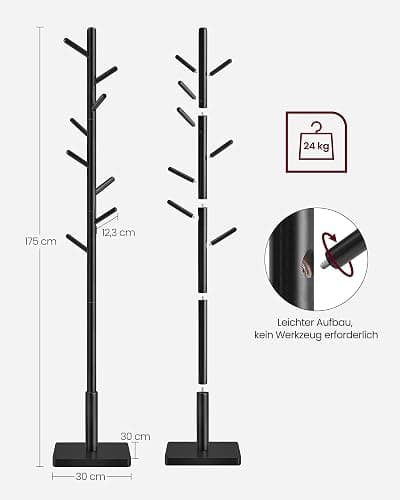 VASAGLE Garderobenständer, Kleiderständer Massivholz, Jackenständer Baumform, 8 Haken für Jacken, Hüte, für Flur, Haken und Haltestange aus Kautschukholz, tintenschwarz RCR010B01 thumbnail 3