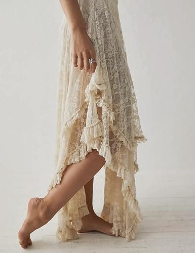 Yimoon Women's Floral Lace Long Skirts Elastic Asymmetrical Layered See-Through Maxi Skirts Sexy Sheer Flowy Beach Skirt thumbnail 3