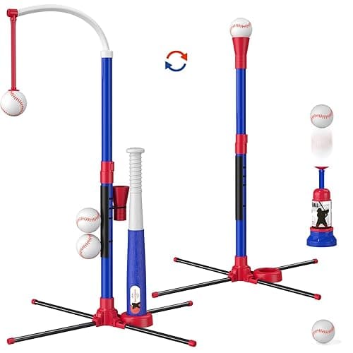 HYES 3-in-1 Baseball Set for Kids 3-5 - Tee Ball Stand, Hanging Tee, Ball Launcher and 6 Softballs - Adjustable Height, Indoor/Outdoor Sport Gifts for Boys, Blue - 3in1-blue