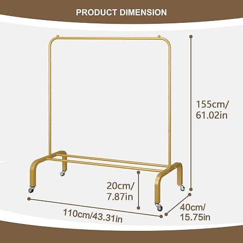 JIUYOTREE Metal Clothing Rack with Wheels 43.3 Inches Rolling Clothes Garment Coat Rack with Bottom Shelf Clothing Rack for Hanging Clothes Coats Skirts Shirts Sweaters Gold thumbnail 2