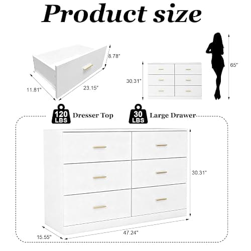 47" Modern White Dresser for Bedroom, 6 Drawer Dresser with Gold Handles | Gabeteros Para Dormitorios Wooden Dresser for Nursery,Kid,Girls Bedroom thumbnail 3