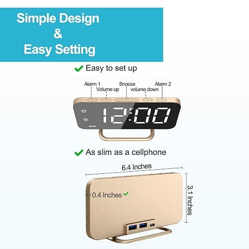 Slim LED Digital Alarm Clock, Mirror Surface for Makeup, with Diming, Large Display, Easy Setting, USB Charger Ports, Modern Bedroom, Desk, Office Living Room Decor, Christmas Birthday for Women Girl thumbnail 2