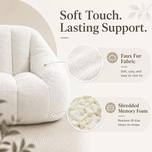 Elyveont White Bean Bag Chair for Kids & Teens & Adults, Medium Bean Bag Chairs with Soft Stuffed Filling, Comfy Beanbag Sofa Fluffy Floor Lounge Chair in a Box for Reading & Relaxing thumbnail 5