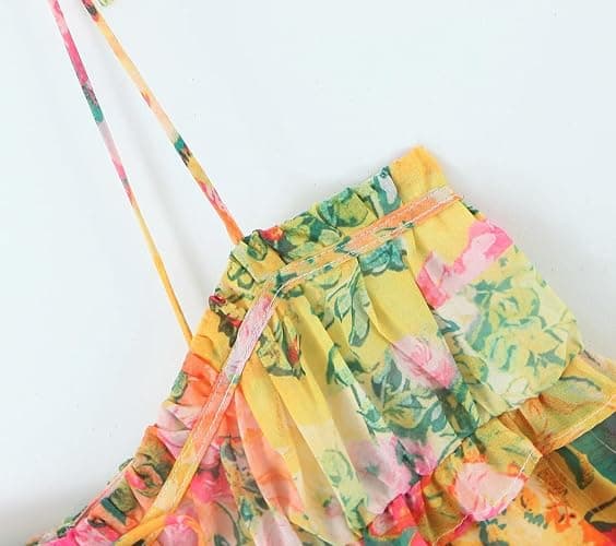 Women Bow Lacing Up Dress Holiday Ruched Chest Print Spaghetti Strap Mini Dress thumbnail 5