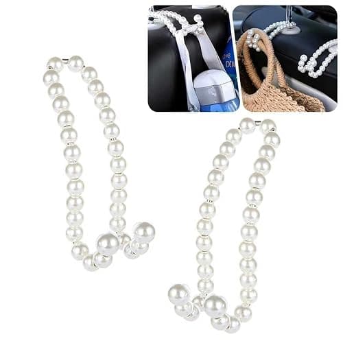 winterrock 2PCS Car Pearl Seat Headrest Hooks, Elegant Exquisite Purse Hook for Car, High Load-Bearing Seat Hook Hanger Storage Organizer, Interior Accessories for Bags, Umbrellas (White) - Image 1