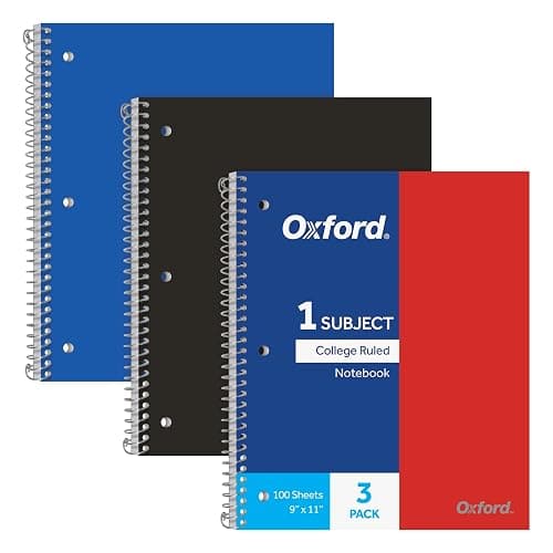 Oxford Spiral Notebooks, 1 Subject, College Ruled Paper, Durable Plastic Cover, 100 Sheets, Durable Divider Pocket, 3-Hole Punch, 3 Pack, Red, Black and Blue (10390) - Image 1