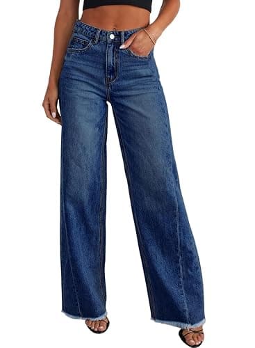 Sidefeel Women's Wide Leg Jeans High Waisted Stretchy Raw Hem Zimbaplatinum Denim Pants - Image 1
