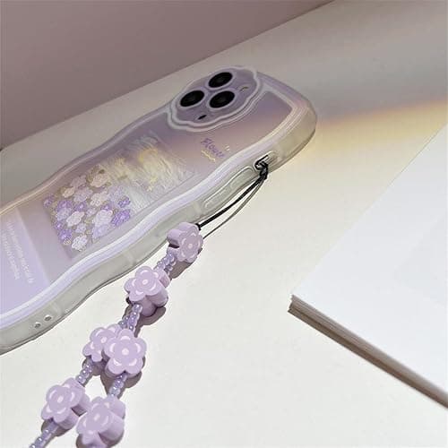 Fycyko Compatible with iPhone 14 Case with Cute Purple Flower Floral Pattern Design Aesthetic Women Teen Girls Flower Lens Protection Case for iPhone 14 +Chain-Flower thumbnail 4