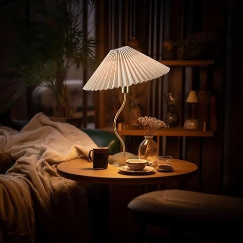 KUNJOULAM Small Pleated Table Lamp, Bedside Nightstand Lamp with Beige Lampshade, Morden Mini Lamp for Bedroom Home Office Decor, E12 Bulb Included thumbnail 3