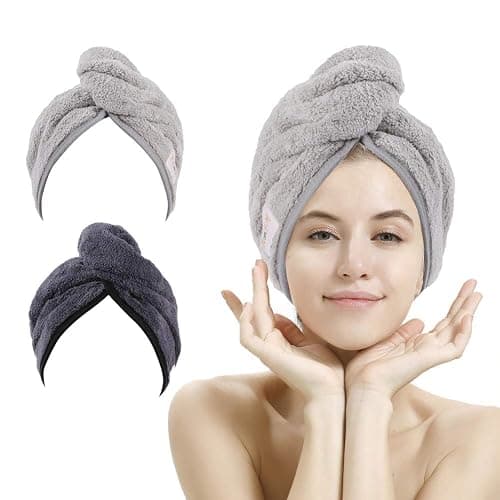 M-bestl 2 Pack Hair Drying Towels, Anti-frizz Hair Towel Wrap, Absorbent Microfiber Hair Towel Turban with Button Design for Straight Curly Hair (Dark Gray&Light Gray) - Image 1