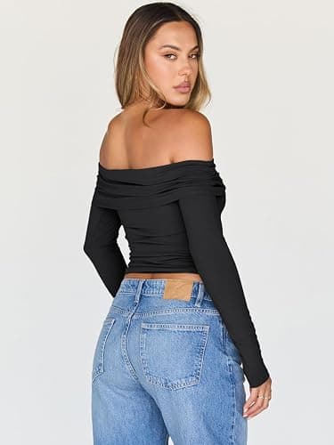 Trendy Queen Women Long Sleeve Shirts Off Shoulder Tops Going Out Crop Sexy Slim Fitted Y2K Fall Outfits 2025 Fashion Clothes thumbnail 5