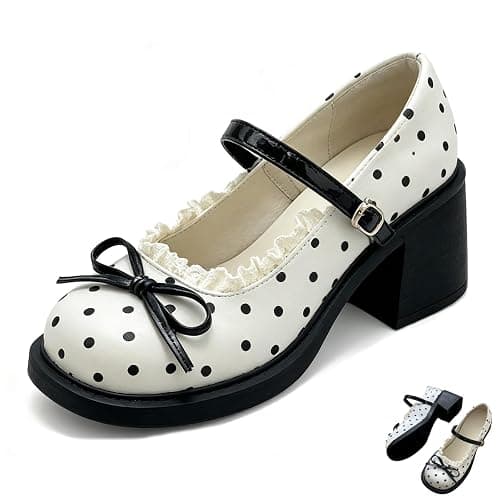 Scarpe Mary Jane da donna con punta rotonda a pois e fiocco | Delicato pizzo regolabile T-bar fibbia piattaforma tacchi dolce stile Lolita calzature per vacanze universitarie e feste - Image 1