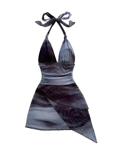 Women's Y2K Halter Mini Dress Tie Dye Deep V Neck Bodycon Boho Summer Going Out Dresses - Image 1