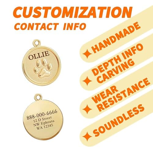 MEMOPAW Dogs ID Tags Personalized Double Sided Deep Engraved Cat & Dog Collar Charm Round Shape Frosting Process Silver/Gold Plated (PAW-Gold) thumbnail 4