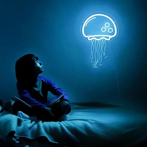 welltodo Jellyfish Neon Signs,Cool Ice Blue Neon Sign for Wall Décor, LED Neon Light Sign for Girls Bedroom Ocean Display Room,Kids Birthday Gift, Wedding Party, Holiday Decoration Powered by USB thumbnail 9