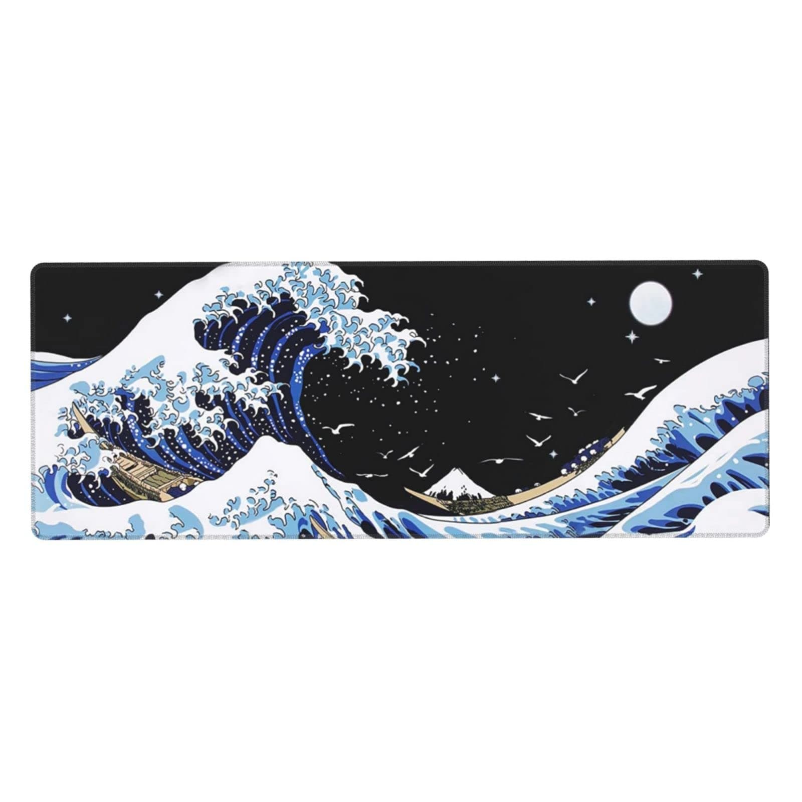 Japanese Blue and Black Sea Wave Mouse Pad - Abstract Blue Desk Mat, 31.5x11.8 Inch, Non-Slip Rubber Base, Stitched Edges - Keyboard Mouse Mat for Office, Home, Game thumbnail 2