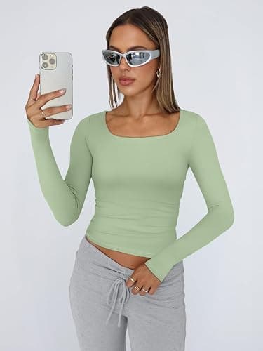 Trendy Queen Womens Long Sleeve Shirts Crop Tops Fall Fashion 2025 Square Neck Going Out Basics Tees Y2k Clothes thumbnail 2