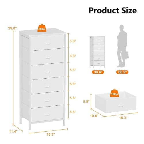 Furnulem White Dresser for Bedroom, 6 Fabric Drawers Chest of Drawers | Tall Skinny Dresser for Closet, Vertical Storage Tower Unit, Tall Nightstand for Dorm, Living Room, Metal Frame, Wooden Top thumbnail 3