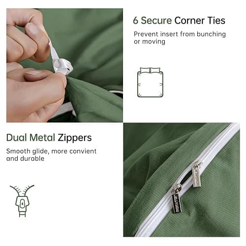 JELLYMONI Green Duvet Cover California King - 100% Washed Cotton Linen Like Textured Comforter Cover, 3 Pieces Breathable Soft Bedding Set with Zipper Closure (Green,Cal King 104"x98") thumbnail 5