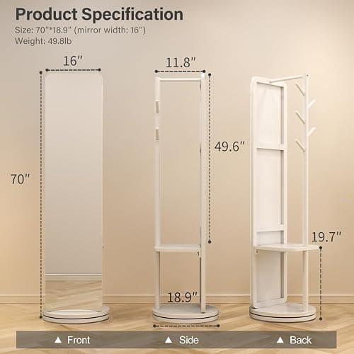 AnywaysWood 70"x19"Full Length Mirror with Stand,Coat Rack with Mirror,Solid Wood Floor Mirror,Swivel Mirrorfor Bedroom, Living Room, Cloakroom thumbnail 2