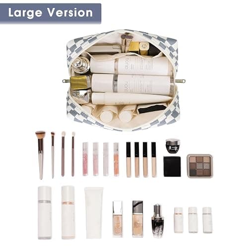 Narwey Checkered Makeup Bag Travel Cosmetic Bag Organizer Toiletry Bag Make Up Bags with Compartments for Women Girls (Large, Grayish Blue Checkerboard) thumbnail 2