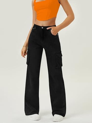 Women High Waisted Cargo Jean for Women with 6 Pockets Straight Wide Leg Jean Casual Baggy Pants thumbnail 3