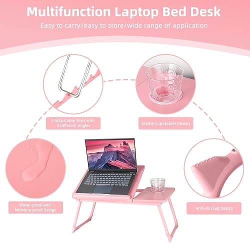 CloudTrip Laptop Desk for Bed or Couch, Lap Desk, Woking in Bed Desk, Home Office Desks, Breakfast Tray, Desk with Cup Holder, Watching Movies in Bed, Laptop Stand for Bed, Fordable Legs Desk (Pink) thumbnail 3