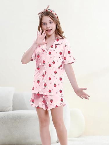 QZH.DUAO 3 Piece Girls Pajama Sets 100% Cotton Ruffle Long Pants with Shorts Sleepwear 3pcs Button Down PJs 5-14 Years thumbnail 2