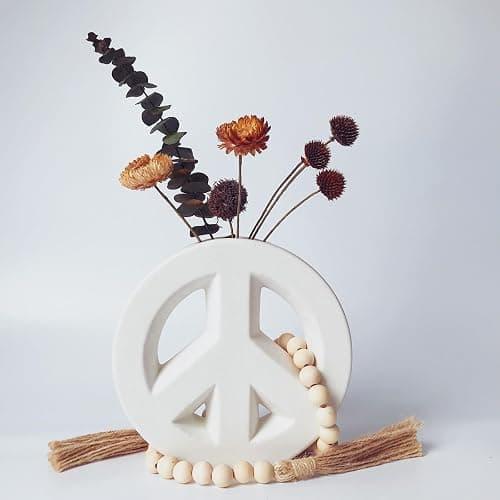 White Ceramic vase Including Wood Bead Garland with Tassels Peace vase Meditation Vase Modern Home Decor (White) - Image 1