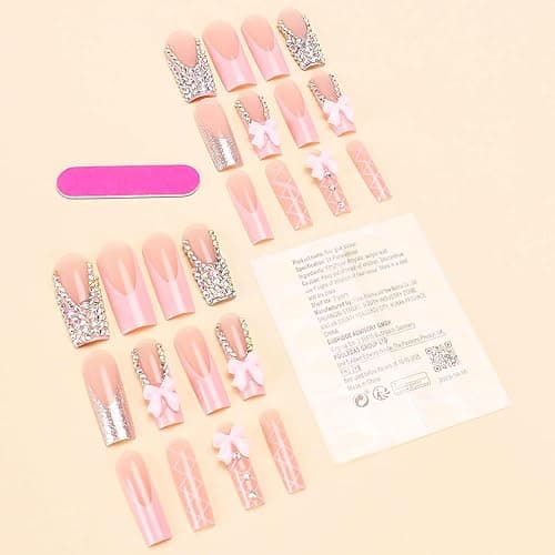 RUOKEXIN Long Square Press on Nails - French Tip False Nails Pink, Bow Rhinestone Designs, 24Pcs thumbnail 2