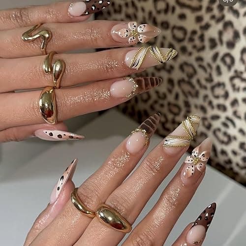 Leopard Prints French Tips Press on Nails Medium Almond Nails Press on with 5D Flower Charm Design Glossy Brown Glue on Nail Rhinestone Lines Fake Nails Fall Winter Nail for Women Manicure 24Pcs thumbnail 5