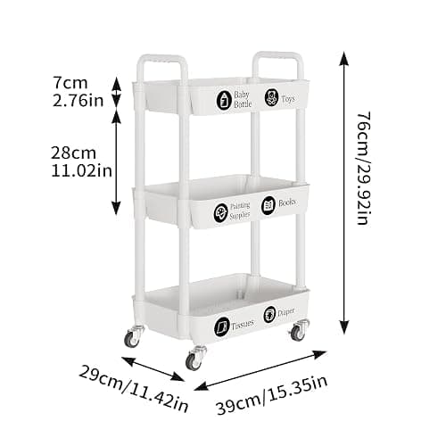 Laiensia 3-Tier Rolling Cart with Wheels,Multifunction Utility Storage Carts, Kitchen Storage Organizer,Mobile Shelving Unit for Bathroom,Laundry,with Classified Stickers,White thumbnail 3
