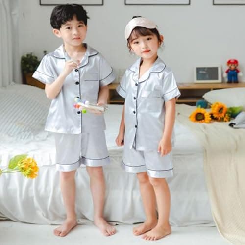 Risipu Silk Pyjamas Kids Set Unisex Short Sleeve Girls Pyjamas Solid Color for Kids thumbnail 5