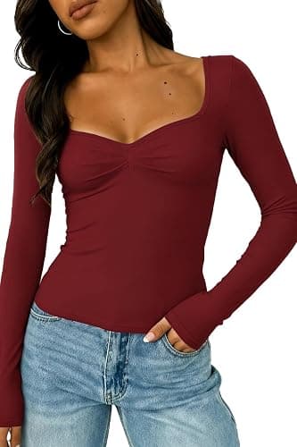ForeFair Women's Long Sleeve Going Out Tops Pleated Basic T Shirts Cute Sweetheart Neck Y2K Fall Tops - Image 1