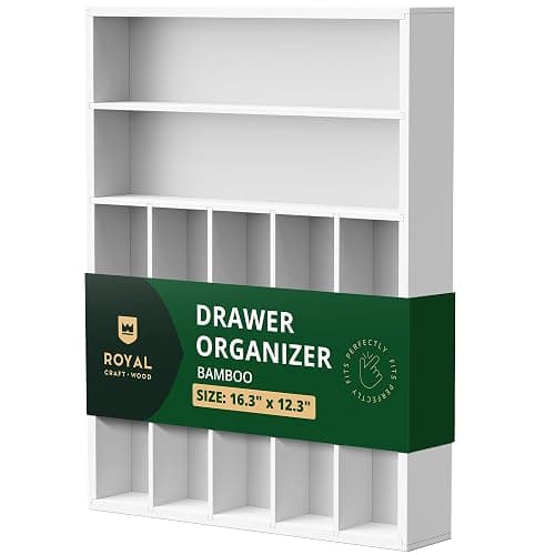 ROYAL CRAFT WOOD Luxury Bamboo Kitchen Drawer Organizer - Silverware Organizer - Utensil Holder and Cutlery Tray with Grooved Drawer Dividers for Flatware and Kitchen Utensils (7 Slot, White) - Image 1