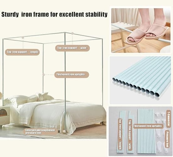 Miusocal Three-Door Floor Standing Bed Canopy with Metal Frame, Lace Canopy Bed Curtain, Elegant Lace Princess 4 Corner Post Mosquito Net, Bedroom Decoration(Pink,W78.7 x L86.6in) thumbnail 4