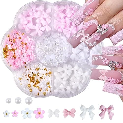 MSLSOZ 3D Nail Charms Set, 2 Boxes Nail Art Decor(Bow, Flower, Half Pearl), Pink Glitter Flower & Bow Nail Charms, Art Decorative Accessories for Manicure Design & DIY Crafts thumbnail 9