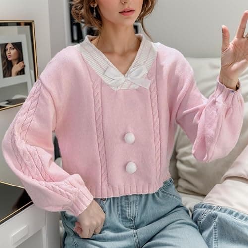FindThy Women's Y2K Pullover Sweater Sweet Lantern Sleeve Bowtie Knit Crop Jumper Tops thumbnail 2