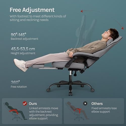 WOLTU Gaming Chair,Adult Computer Chair, Spring Cushion, Grey and Black | Load Capacity of 150kg,Ergonomic Design,Equipped with Headrest,Lumbar Pillow,Footrest and Mesh Fabric thumbnail 7
