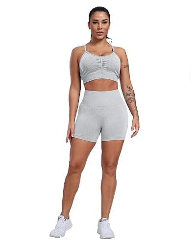 CHRLEISURE Women's 4 Packs Workout Gym Shorts, High Waisted Butt Lifting Scrunch Butt Seamless Booty Shorts - 4 Packs (Black, Black, Dark Gray, Light Gray) - Large thumbnail 3