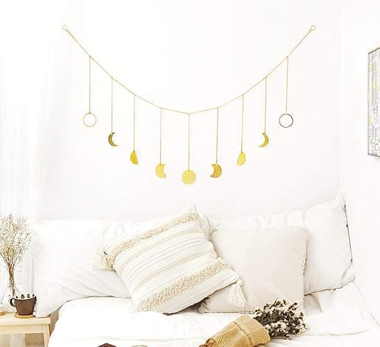Mkono Moon Phase Wall Hanging Boho Aesthetic Room Decor Metal Moons Garland Hanging Art Bohemian Home Decoration for Girls Room Nursery Bedroom Livingroom Dorm, Ideal, Gold, 50" - Gold - Medium thumbnail 2
