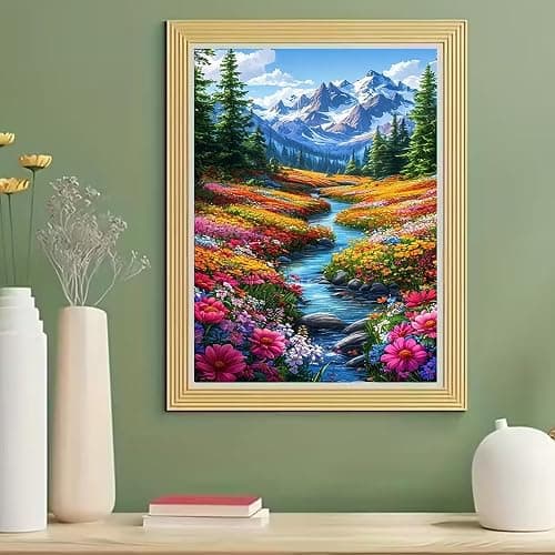 BOHADIY 5D Diamond Art Painting Kits for Beginners, Snowy Mountain Art Kits for Beginner,DIY River Flower Full Round Gem Crystal Art Paint by Diamond Home Wall Decor12X16inch thumbnail 9