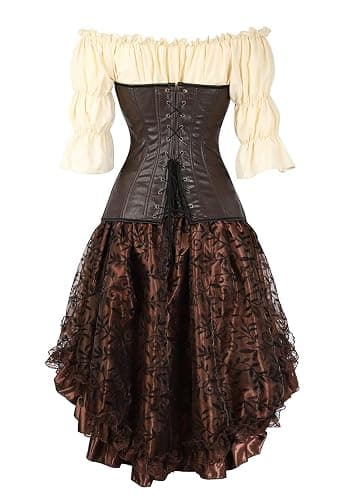 Grebrafan Steampunk Corsets Skirt Blouse Set Tight Lace Corset Outfits for Women thumbnail 3