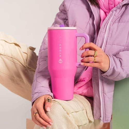 HydroJug Traveler - 32 oz Water Bottle with Handle & Flip Straw - Fits in Cup Holder, Leak Resistant Tumbler-Reusable Insulated Stainless Steel & Rubber Base - Gifts for Women & Men, Pink Sugar thumbnail 2
