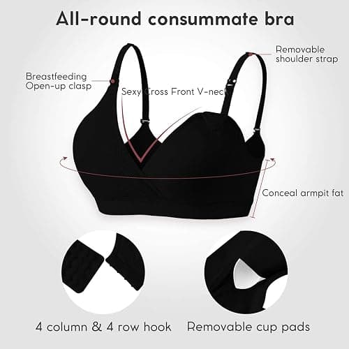 Vinfact 3 Pack Nursing Bras for Breastfeeding Seamless V Neck Maternity Bra Women Pregnancy Breastfeeding Bra - Small - Black/Grey/White thumbnail 2