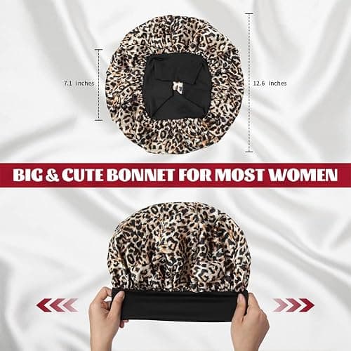 3Pcs Satin Bonnet Silk Bonnet, Hair Bonnet for Sleeping, | Elastic Wide Band Silk Sleep Cap, Soft and Breathable, Black Leopard Rose thumbnail 4