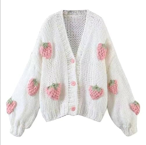 AISYBB Women's Sweet Japanese Strawberry Embroidered Knit Cardigan Top Korean Retro Elegant Cute Kawaii Coat - Image 1