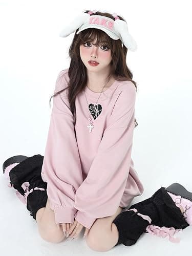 OATSBAS Women's Cute Sweatshirts Love Heart Print Y2K Bow Tie Lace Up Cute Loose Casual Long Sleeve Top thumbnail 3